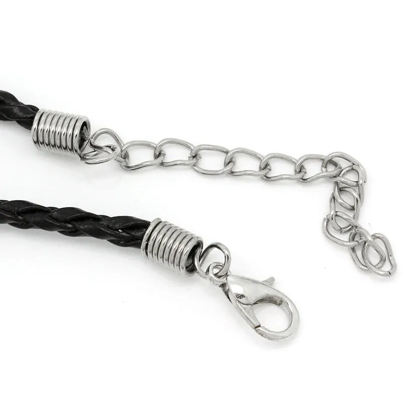 10 BLACK Braided Leatheroid Bracelets with Lobster Clasp. 7-5/8" long plus 2" extender chain fch0061