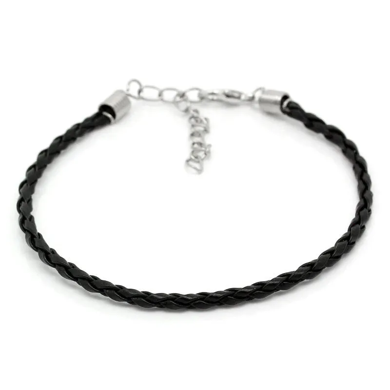 10 BLACK Braided Leatheroid Bracelets with Lobster Clasp. 7-5/8" long plus 2" extender chain fch0061