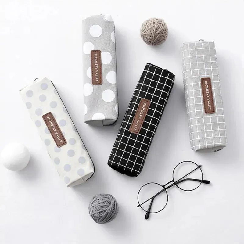 1PCS Small Fresh Square Lattice Dots Pencil Case Office Stationery and School Supplies Canvas Material Pencil Bag