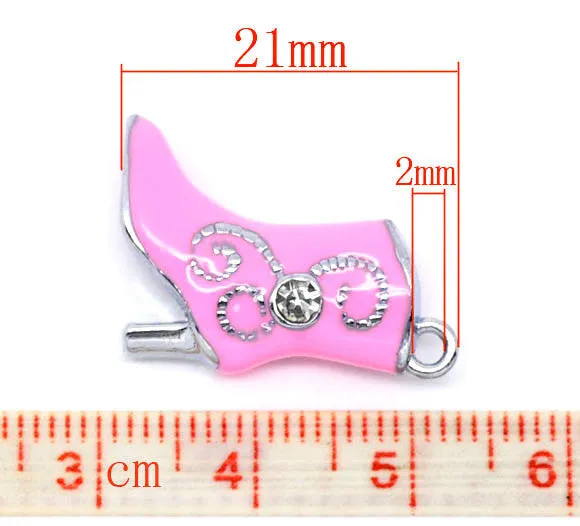4 Silver Tone Rhinestone PINK Enamel High-Heeled Boots Charm Pendants 21x15mm  che0357