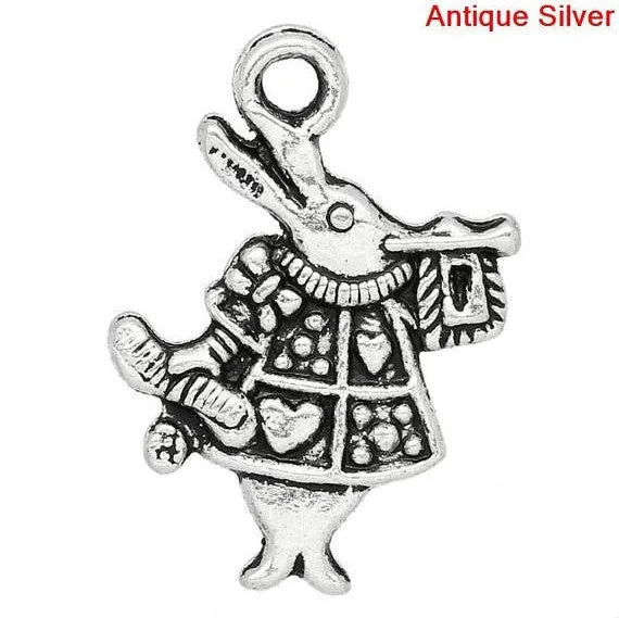 8 Antique Silver Tone ALICE in WONDERLAND White Rabbit Charms Pendant Findings 19x14mm  chs0825