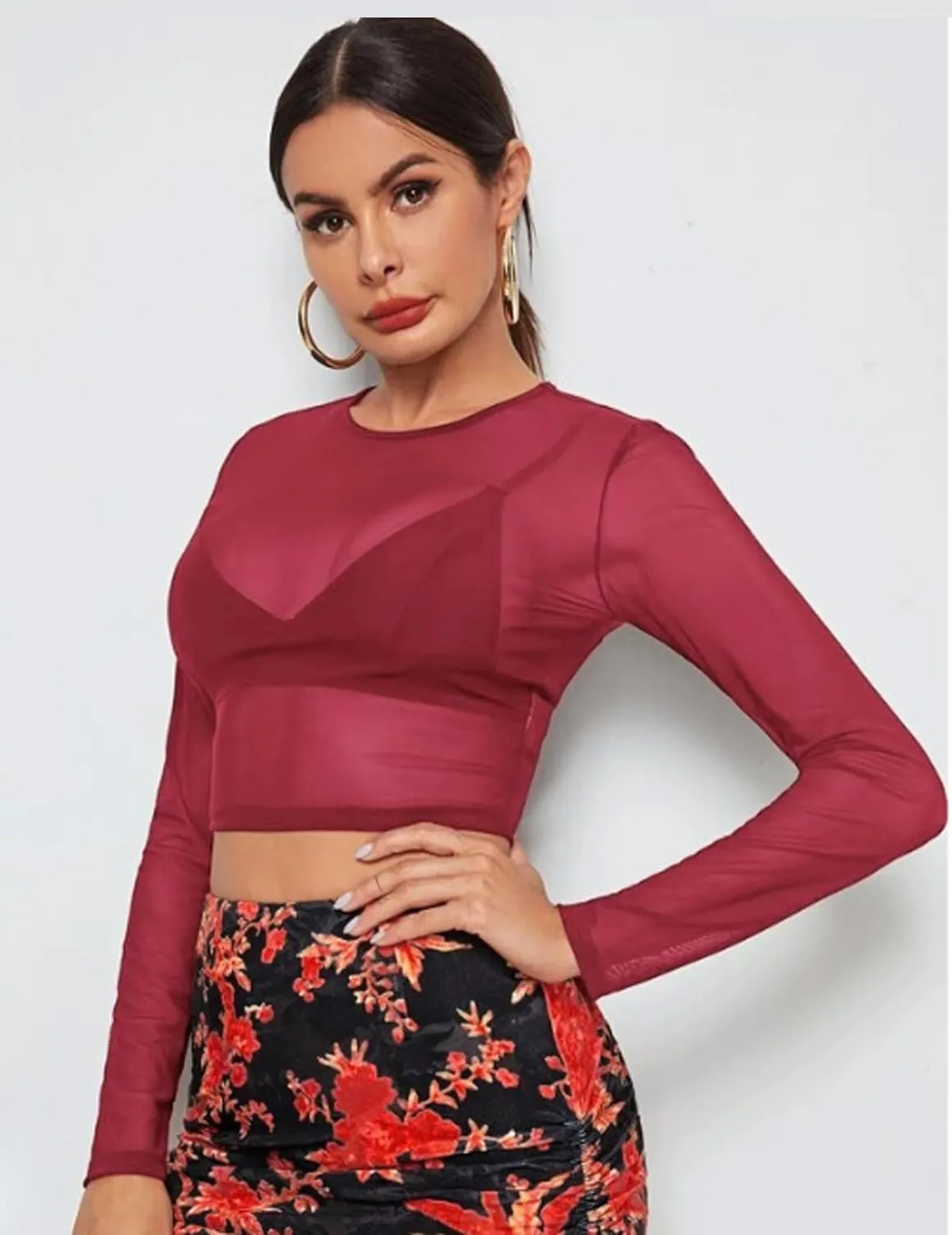 ADOME Mesh Crop Top Sheer Tops for Women See Through Shirt Long Sleeve Basic Crop Top S-4XL