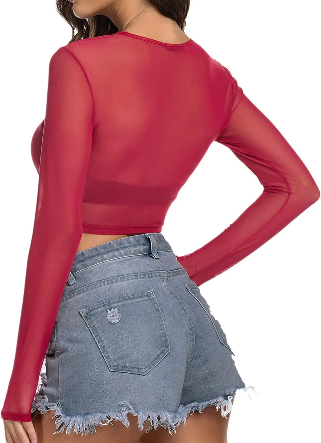 ADOME Mesh Crop Top Sheer Tops for Women See Through Shirt Long Sleeve Basic Crop Top S-4XL