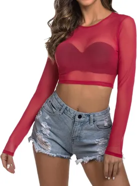 ADOME Mesh Crop Top Sheer Tops for Women See Through Shirt Long Sleeve Basic Crop Top S-4XL