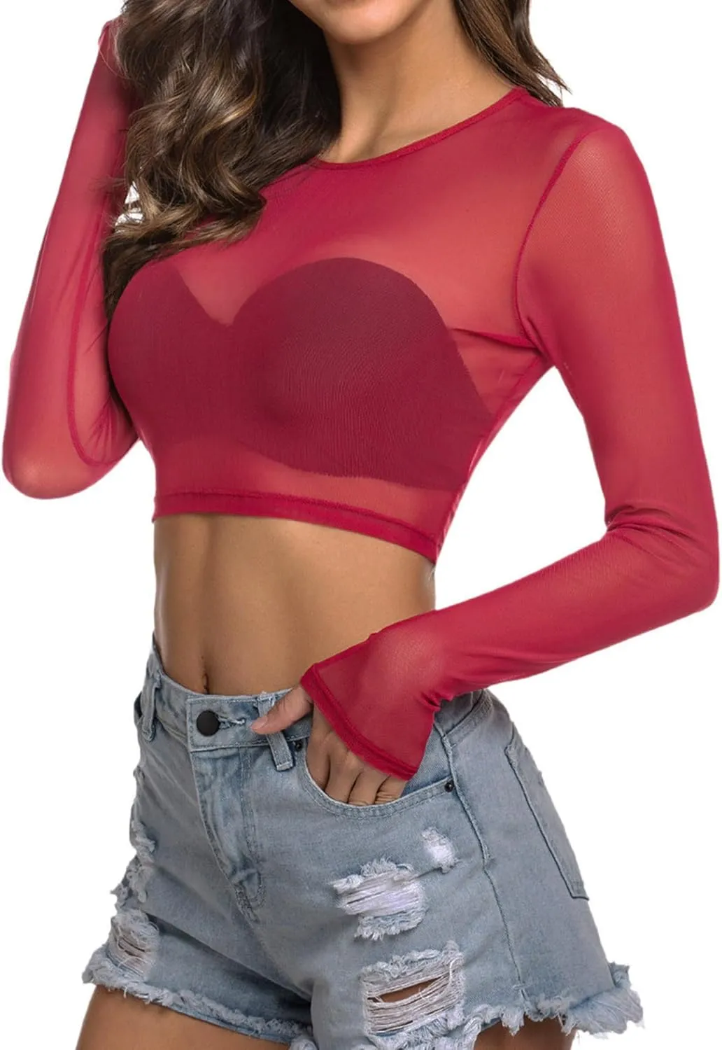 ADOME Mesh Crop Top Sheer Tops for Women See Through Shirt Long Sleeve Basic Crop Top S-4XL
