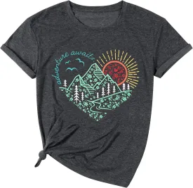 Adventure Awaits T-Shirt Women Nature Hiking Mountain Camping T Shirt Travel Outdoor Casual Vacation Tops Tees