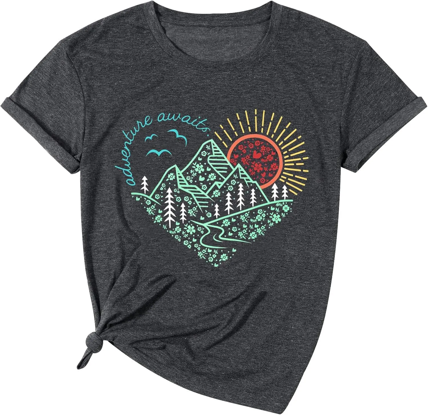 Adventure Awaits T-Shirt Women Nature Hiking Mountain Camping T Shirt Travel Outdoor Casual Vacation Tops Tees