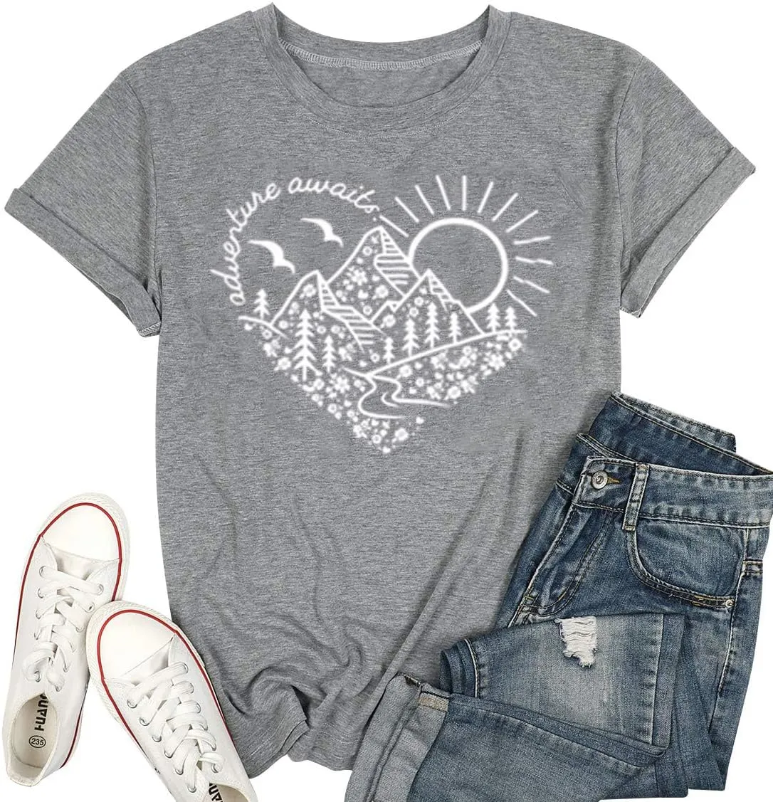 Adventure Awaits T-Shirt Women Outdoor Graphic Tee Shirt Nature Hiking Camping Tee Shirts Travel Shirt