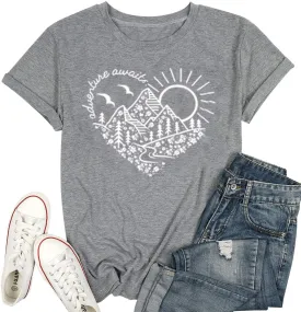 Adventure Awaits T-Shirt Women Outdoor Graphic Tee Shirt Nature Hiking Camping Tee Shirts Travel Shirt