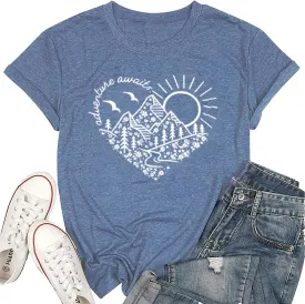 Adventure Awaits T-Shirt Women Outdoor Graphic Tee Shirt Nature Hiking Camping Tee Shirts Travel Shirt