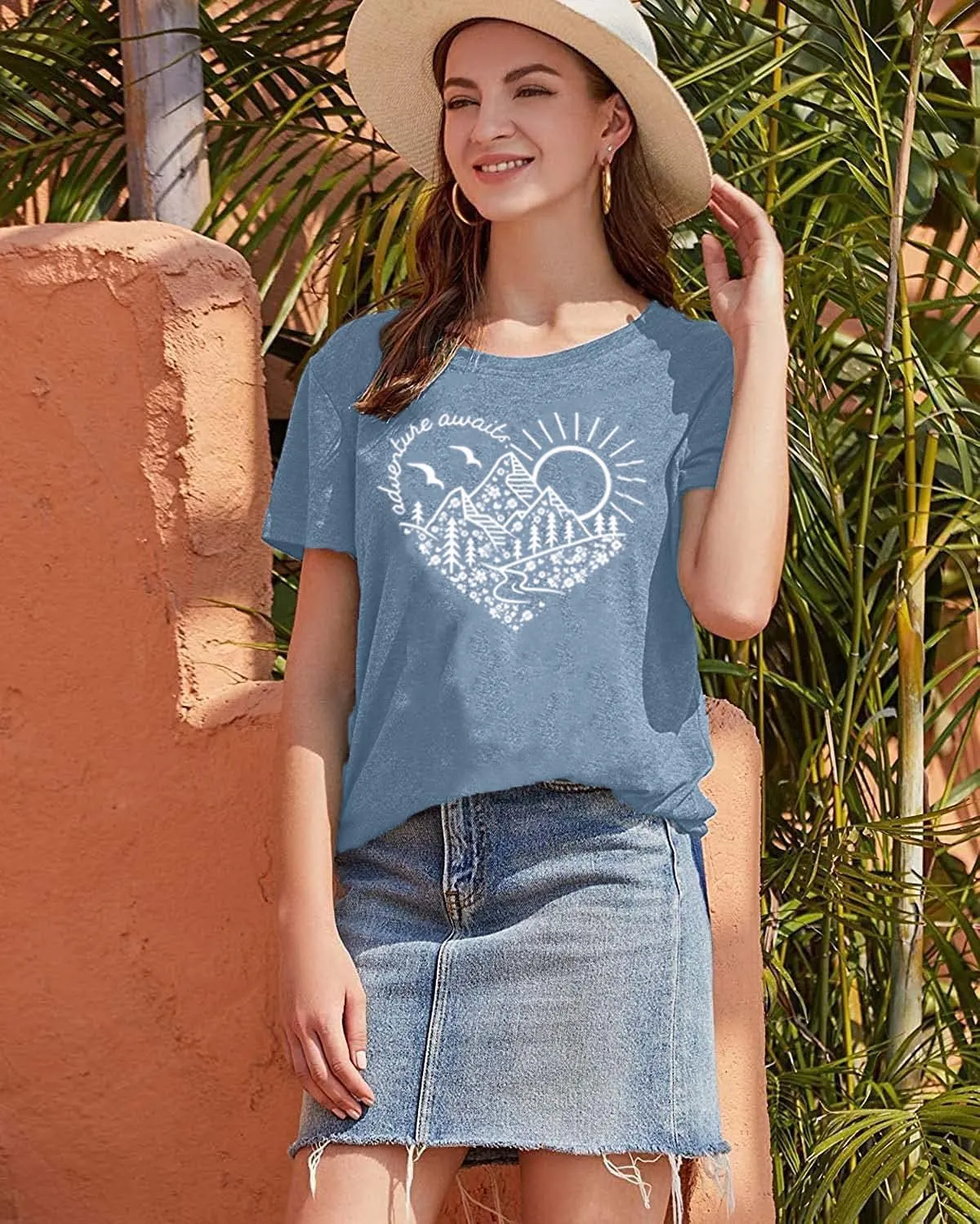 Adventure Awaits T-Shirt Women Outdoor Graphic Tee Shirt Nature Hiking Camping Tee Shirts Travel Shirt
