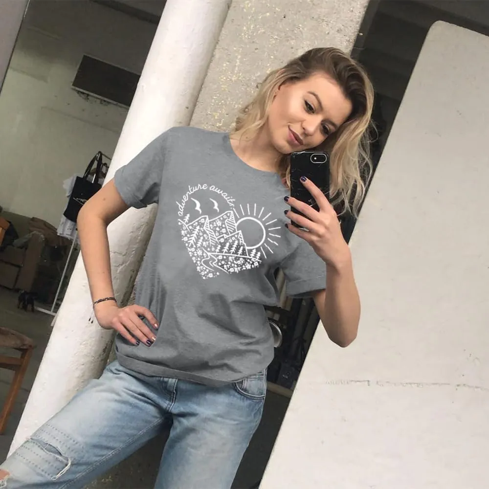 Adventure Awaits T-Shirt Women Outdoor Graphic Tee Shirt Nature Hiking Camping Tee Shirts Travel Shirt