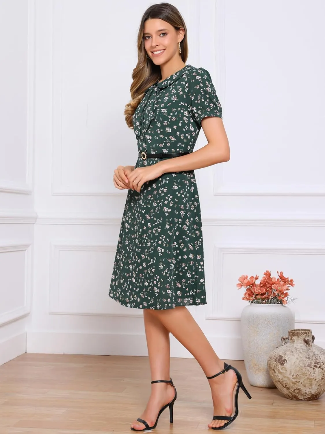 Allegra K Women's Peter Pan Collar Tie Neck Short Sleeves A-Line Elegant Belted Vintage Floral Dress