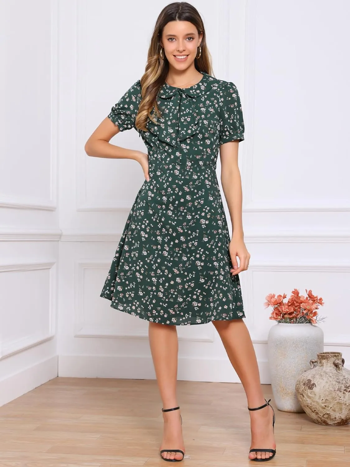 Allegra K Women's Peter Pan Collar Tie Neck Short Sleeves A-Line Elegant Belted Vintage Floral Dress