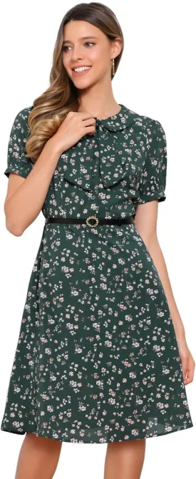 Allegra K Women's Peter Pan Collar Tie Neck Short Sleeves A-Line Elegant Belted Vintage Floral Dress