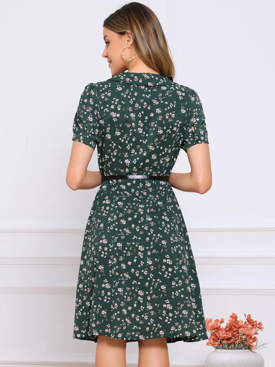 Allegra K Women's Peter Pan Collar Tie Neck Short Sleeves A-Line Elegant Belted Vintage Floral Dress