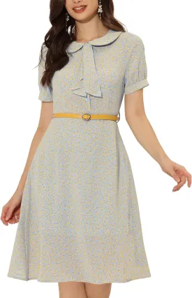 Allegra K Women's Peter Pan Collar Tie Neck Short Sleeves A-Line Elegant Belted Vintage Floral Dress