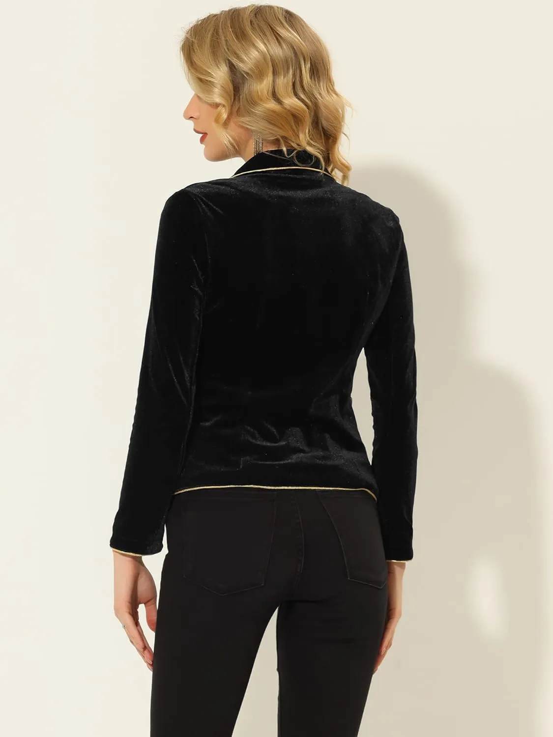 Allegra K Women's Suit Jacket Notched Lapel 1 Button Office Velvet Blazer