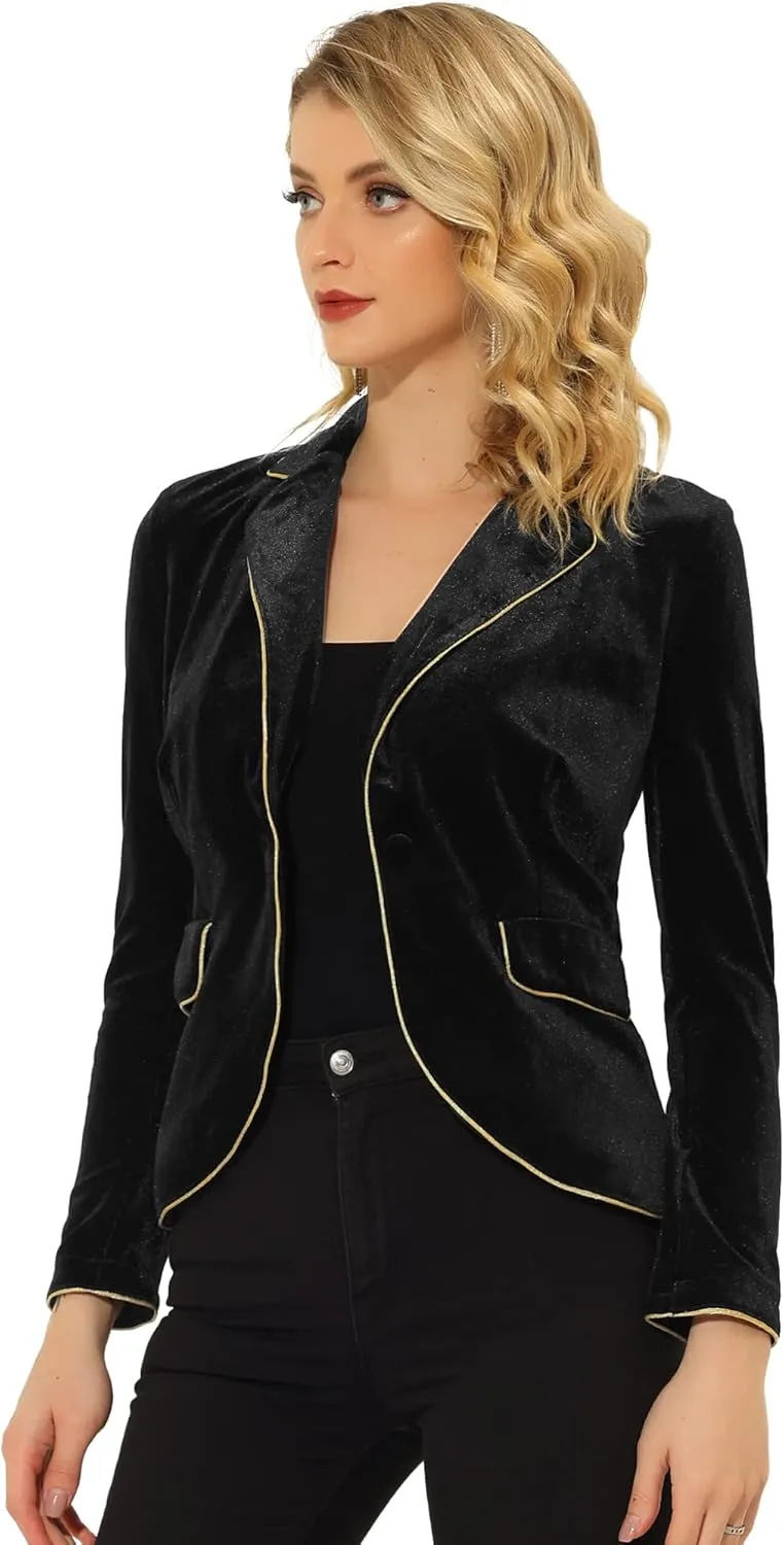 Allegra K Women's Suit Jacket Notched Lapel 1 Button Office Velvet Blazer