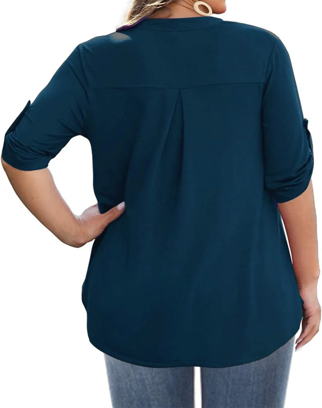 AMCLOS Womens Plus Size Tops V Neck T-Shirts Blouses Casual Soft Flowy Tunic Long Roll Tab Sleeves with Buttons