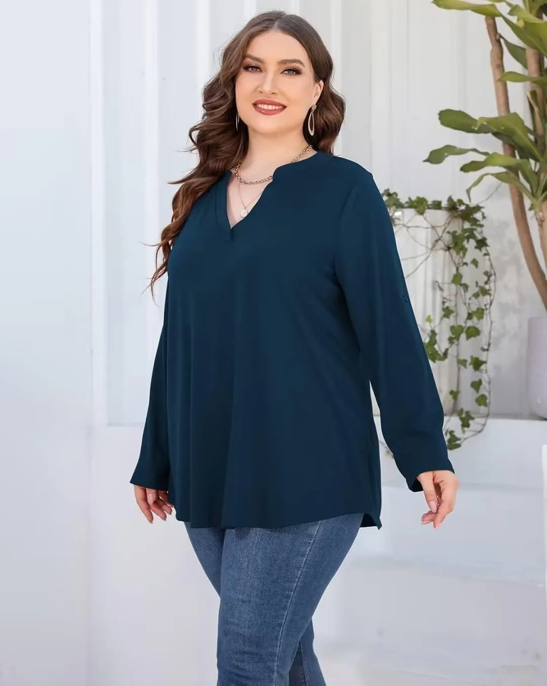 AMCLOS Womens Plus Size Tops V Neck T-Shirts Blouses Casual Soft Flowy Tunic Long Roll Tab Sleeves with Buttons