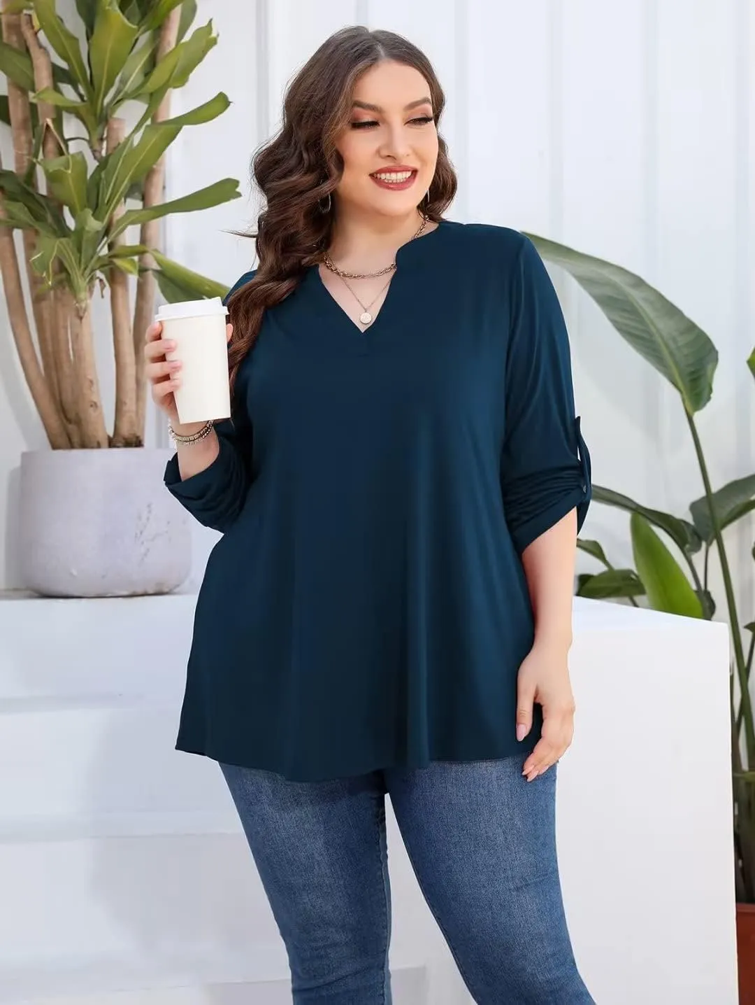 AMCLOS Womens Plus Size Tops V Neck T-Shirts Blouses Casual Soft Flowy Tunic Long Roll Tab Sleeves with Buttons