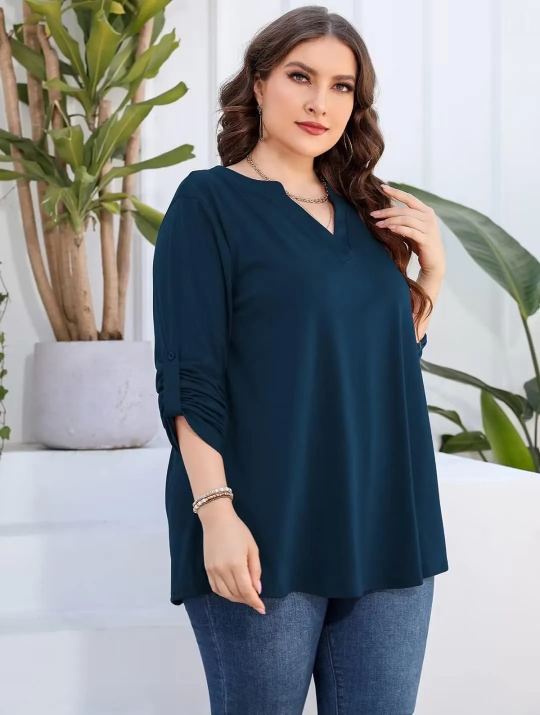 AMCLOS Womens Plus Size Tops V Neck T-Shirts Blouses Casual Soft Flowy Tunic Long Roll Tab Sleeves with Buttons
