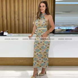 Ankle Length Colorful Sequin Lace Arabic Evening Dress