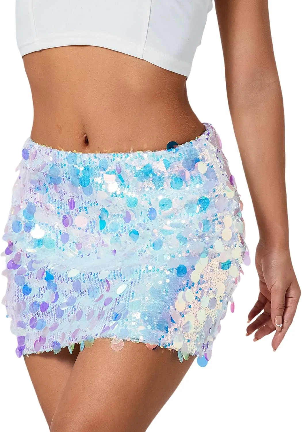 ANKOMINA Women's Sexy Shiny Sequin Mini Skirt Glitter Low Waist Pencil Skirts Bodycon Dance Party Club Short Skirt