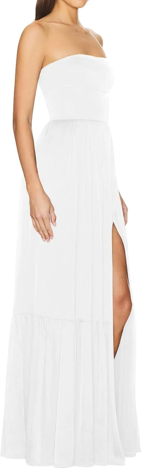 Azhong Women's Strapless Tube Maxi Dress Ruched High Waist Side Slit Beach Party Cocktail Long Dress