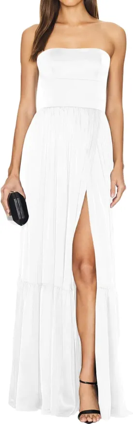 Azhong Women's Strapless Tube Maxi Dress Ruched High Waist Side Slit Beach Party Cocktail Long Dress