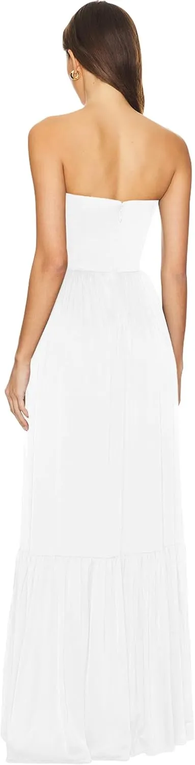 Azhong Women's Strapless Tube Maxi Dress Ruched High Waist Side Slit Beach Party Cocktail Long Dress