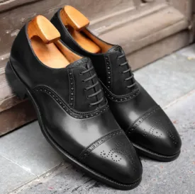 Black Leather Alcacer Brogue Toecap Oxfords - Formal Shoes