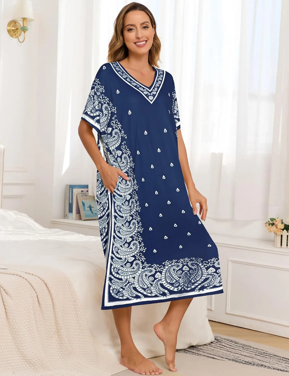 Bloggerlove Women Nightgowns Long Caftan V-Neck Short Sleeve House Dress Cotton Sleepwear with Pockets