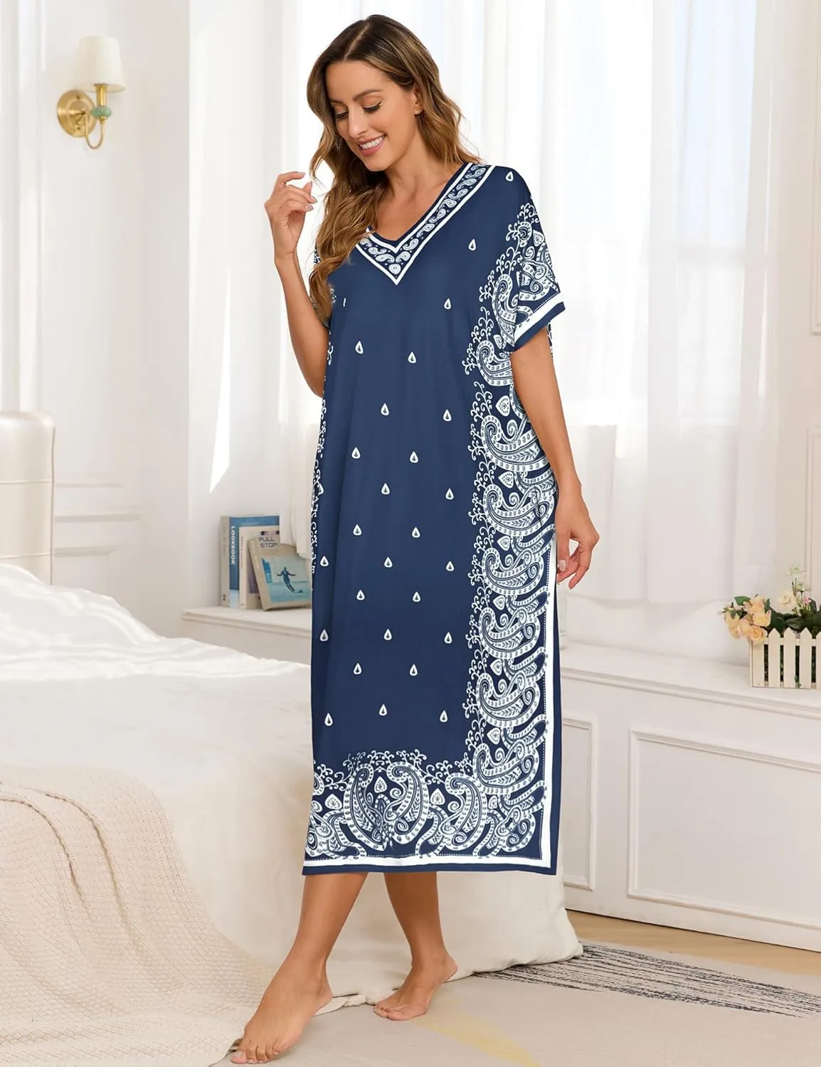 Bloggerlove Women Nightgowns Long Caftan V-Neck Short Sleeve House Dress Cotton Sleepwear with Pockets