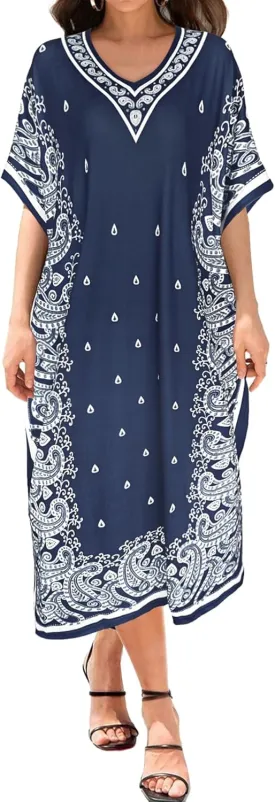 Bloggerlove Women Nightgowns Long Caftan V-Neck Short Sleeve House Dress Cotton Sleepwear with Pockets