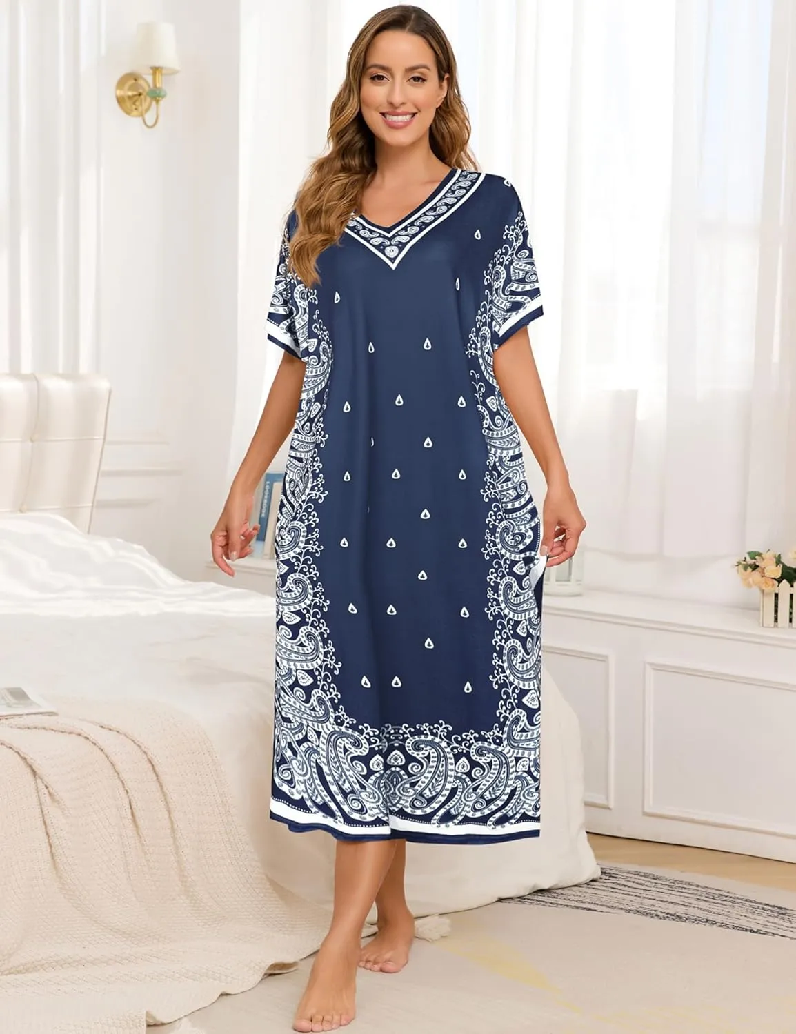Bloggerlove Women Nightgowns Long Caftan V-Neck Short Sleeve House Dress Cotton Sleepwear with Pockets
