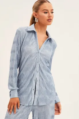 Blue Plisse Shirt Long Sleeve Collared Longline