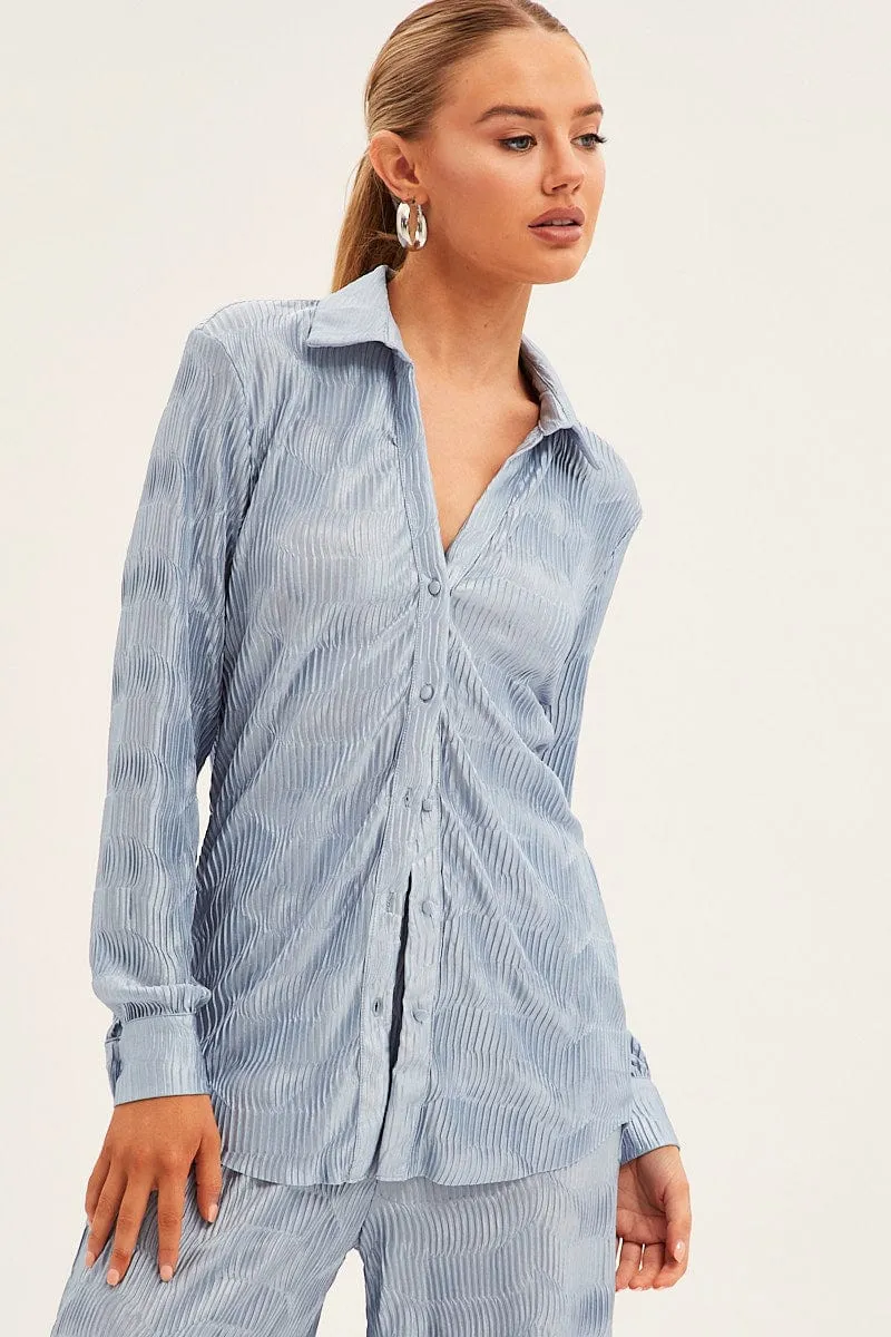 Blue Plisse Shirt Long Sleeve Collared Longline