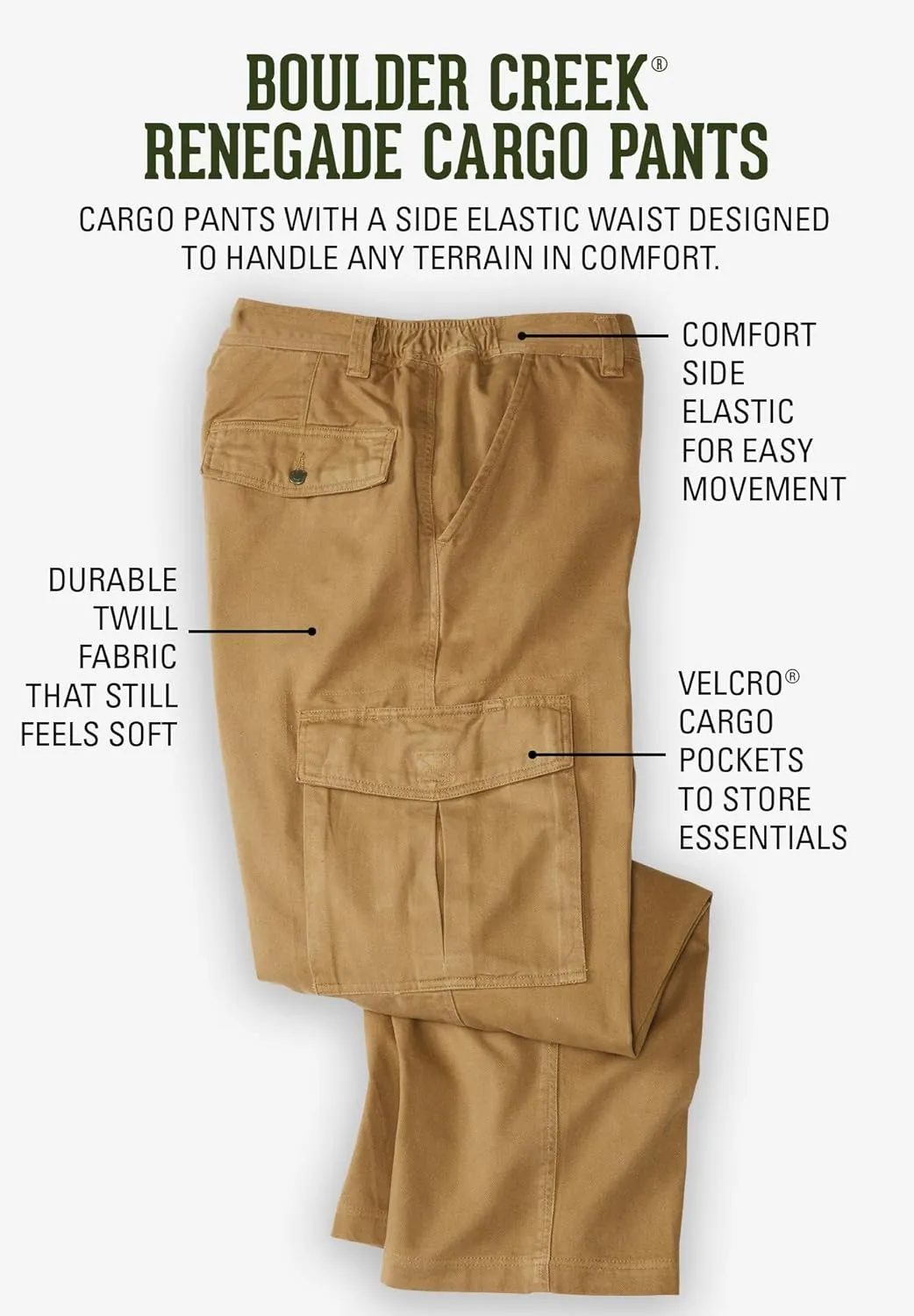 Boulder Creek by Kingsize Men's Big & Tall Renegade Side-Elastic Waist Cargo Pants