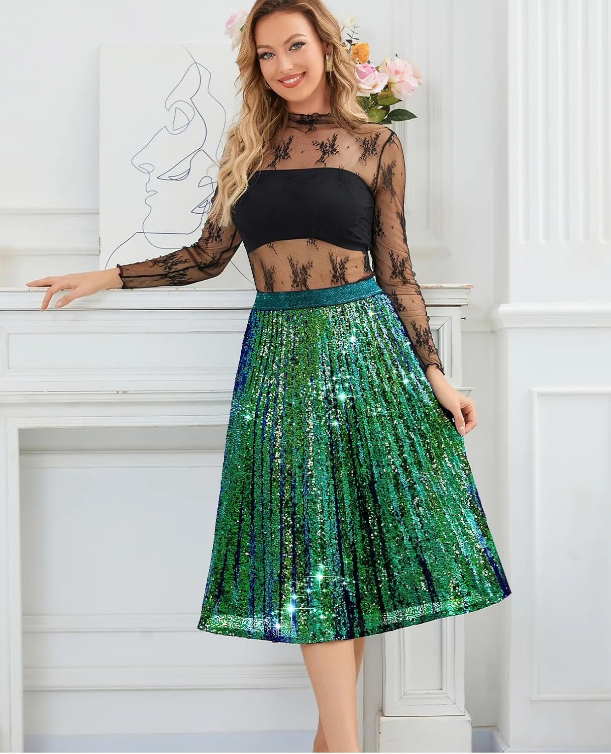 Bridesmay Sequin Skirt High Waisted A Line Sparkle Pleated Skirts for Night Out Party 2025