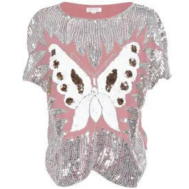 Butterfly Sequined Pink Women's Dolman Blouse