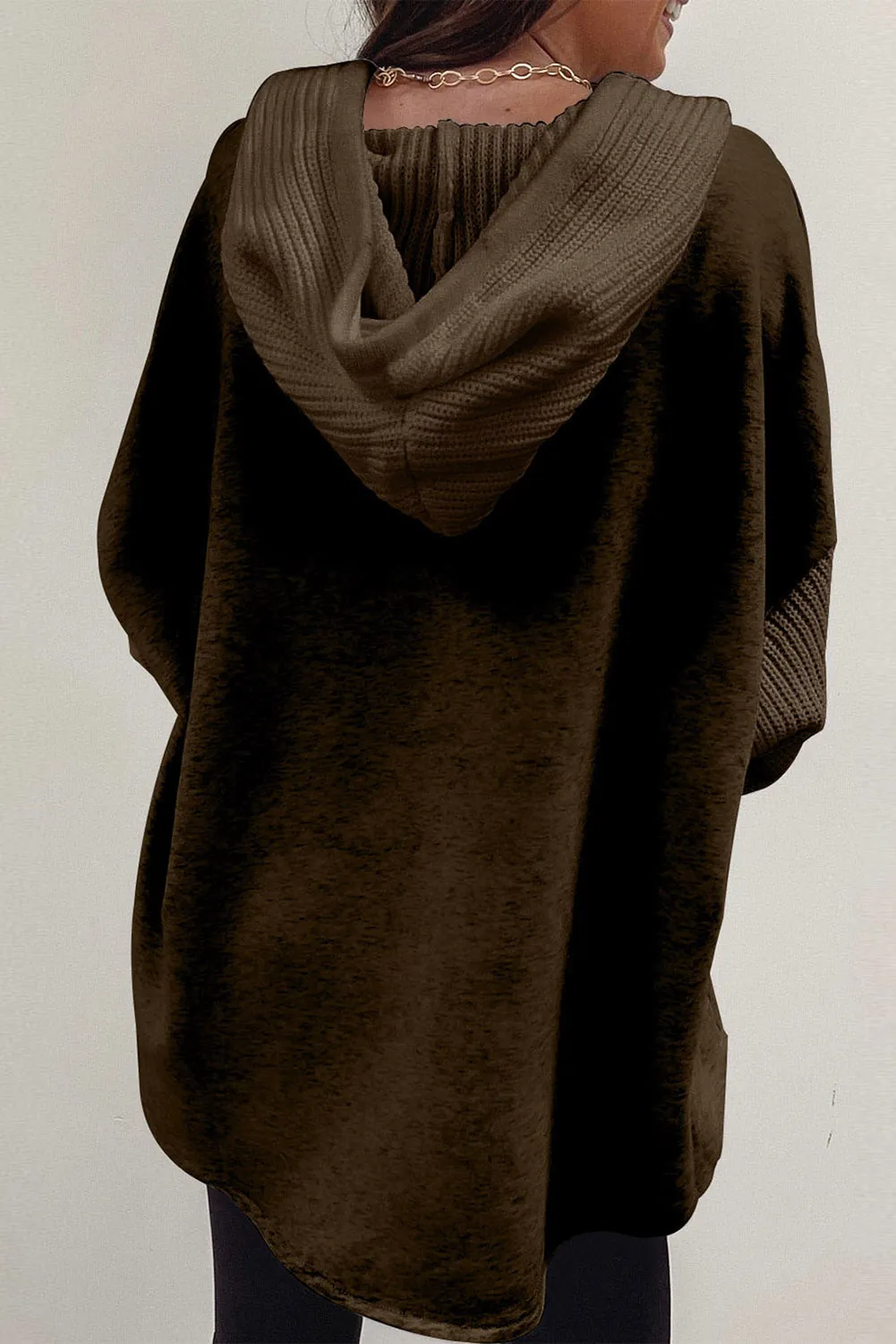 Button Up Contrast Knitted Sleeves Hooded Jacket