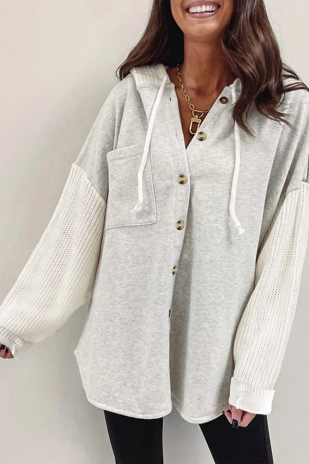 Button Up Contrast Knitted Sleeves Hooded Jacket