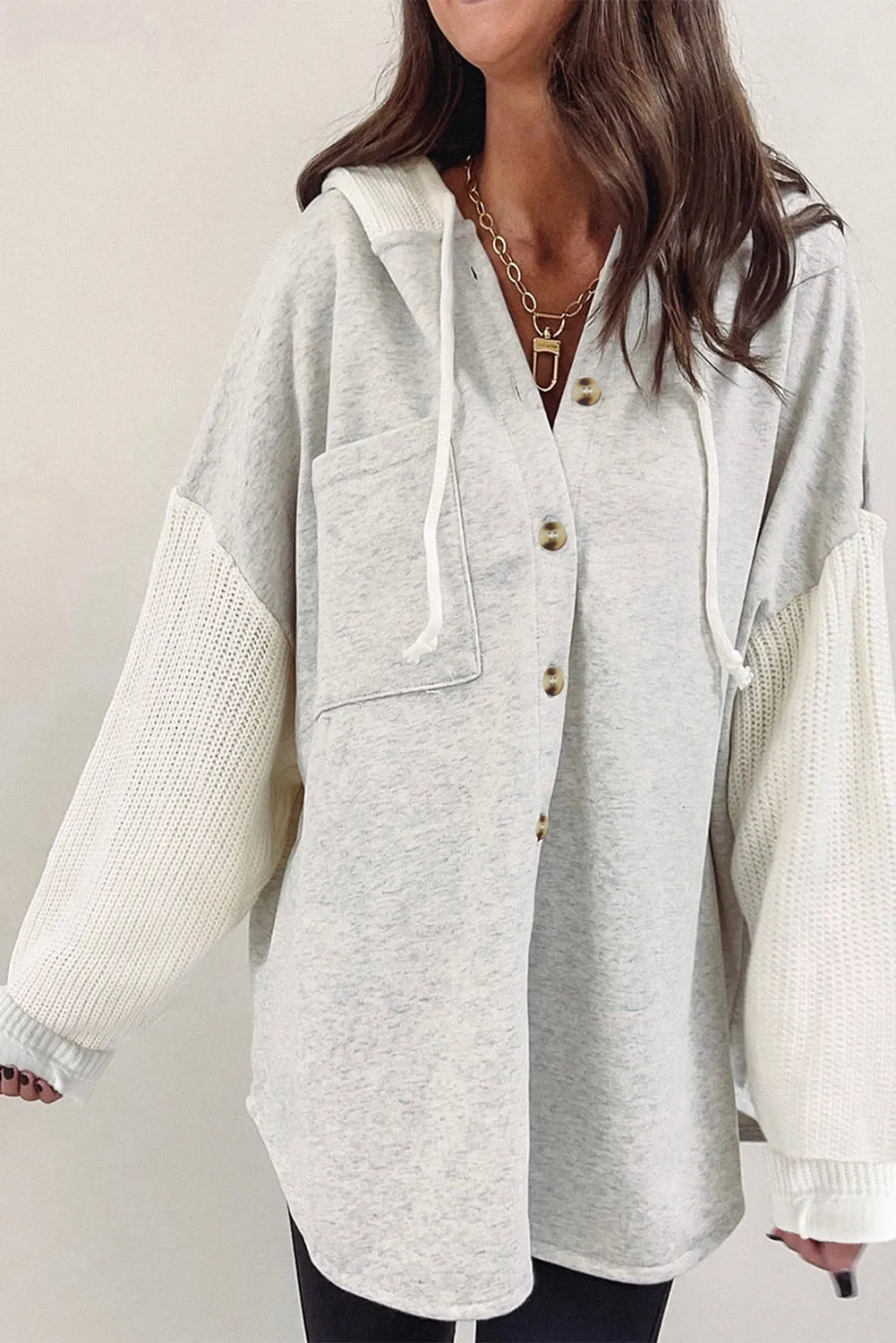 Button Up Contrast Knitted Sleeves Hooded Jacket