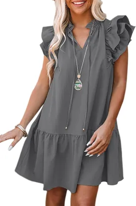 Dokotoo Womens Summer Dresses 2025 V-Neck Drawstring Ruffle Cap Short Sleeve Side Pockets Mini Dress Sundress