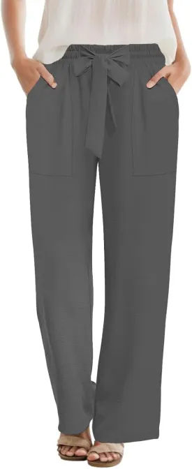 DouBCQ Women's Wide Leg Pants High Waist Flowy Tie Knot Trousers Business Casual Pants with Pockets