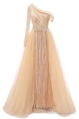 Elegant One Shoulder Beige Prom Dresses Sheer Beading Lace Formal Dresses
