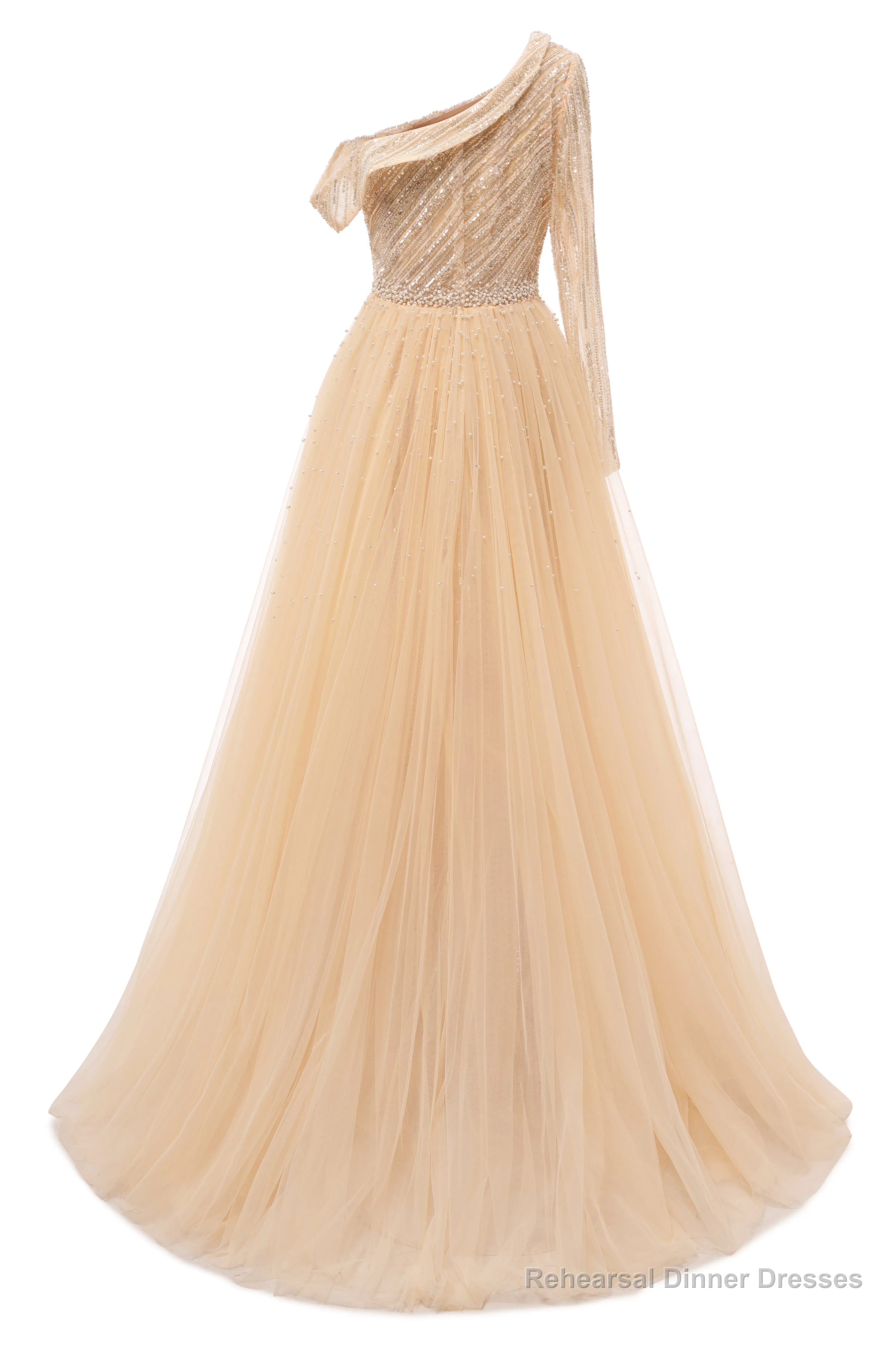 Elegant One Shoulder Beige Prom Dresses Sheer Beading Lace Formal Dresses