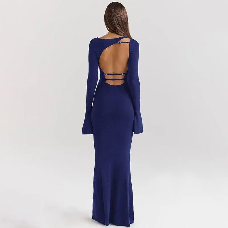 Elegant Solid Color Dress Backless Slim Fit Long Dress – High Waist Fashion